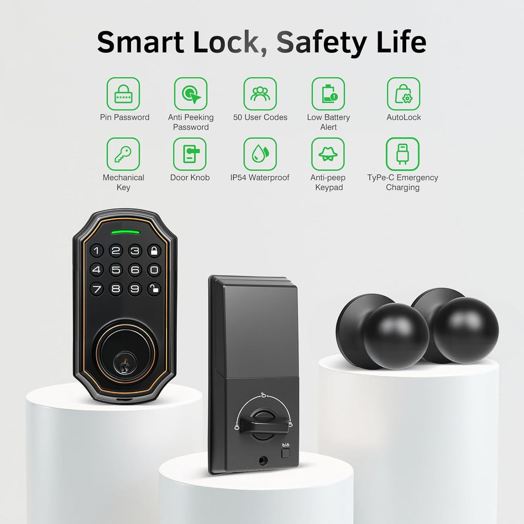 Smart Keyless Entry Door Lock with 2 Knobs,Front Door Lock Handle Set,Electronic Digital Keypad Deadbolt,Auto Lock,50 User Codes,Voice Prompts,Anti-Peeking Password
