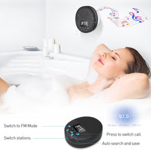 Load image into Gallery viewer, Shower Radio Speaker with Bluetooth 5.0, Waterproof Wireless Bathroom FM with Suction Cup 12H Long Playback Time, Lanyard, LCD Screen Display, Handsfree Calling, Storage Card Playback Black