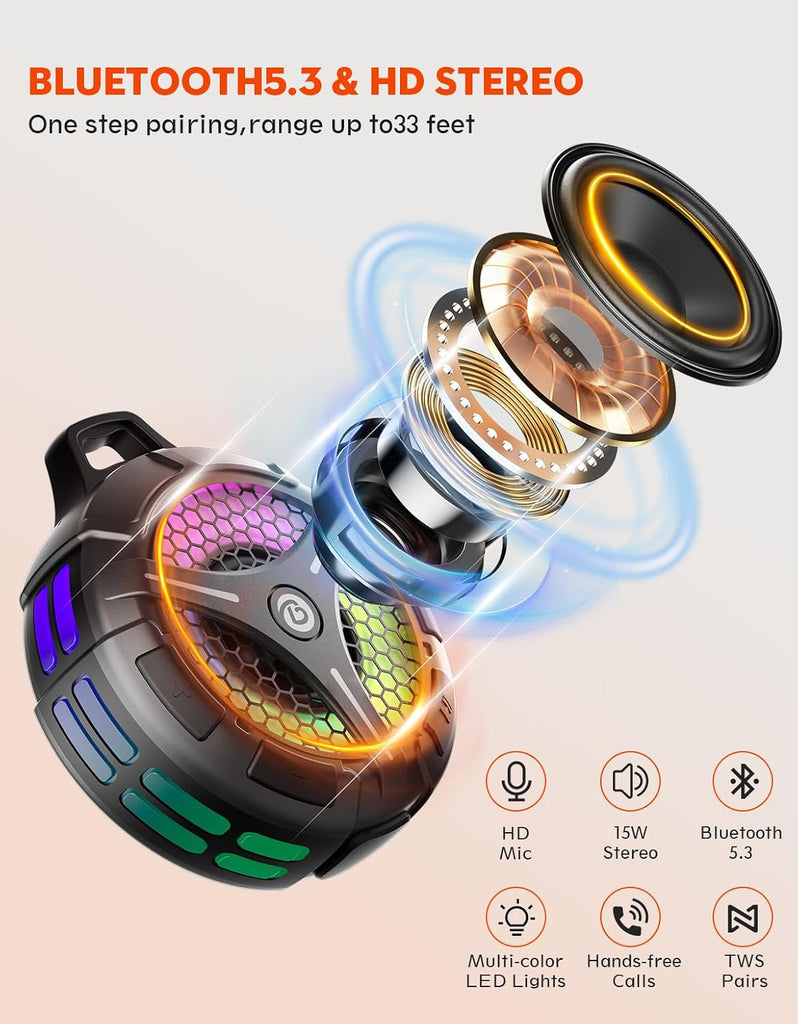 Bluetooth Shower Speaker, Suction Cup, Small Portable Wireless IPX7 Waterproof Outdoor Speakers, 15W Loud Stereo Sound Deep Bass, TWS Pairs, 6 Mode RGB Lights