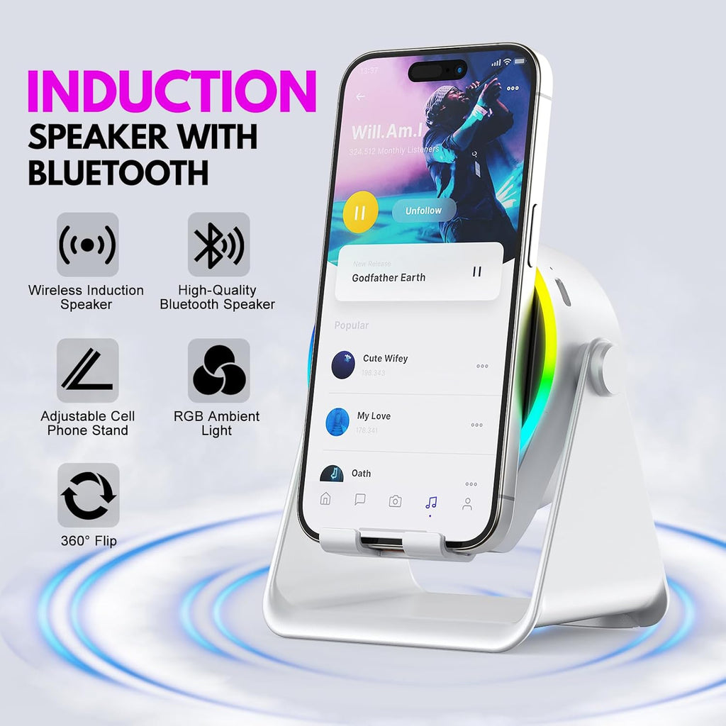 Wireless Induction Speaker, 5 in 1 Bluetooth Speaker Phone Stand with RGB Light, 360° Rotation Phone Holder Compatible