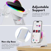 Load image into Gallery viewer, Wireless Induction Speaker, 5 in 1 Bluetooth Speaker Phone Stand with RGB Light, 360° Rotation Phone Holder Compatible