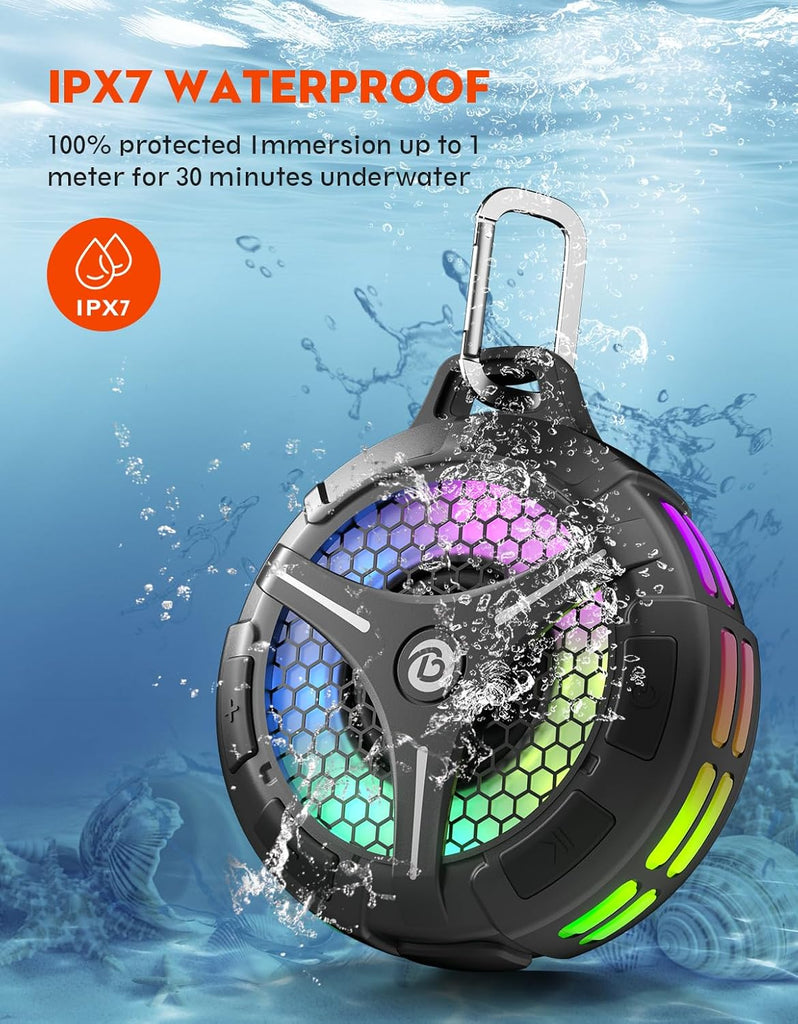 Bluetooth Shower Speaker, Suction Cup, Small Portable Wireless IPX7 Waterproof Outdoor Speakers, 15W Loud Stereo Sound Deep Bass, TWS Pairs, 6 Mode RGB Lights
