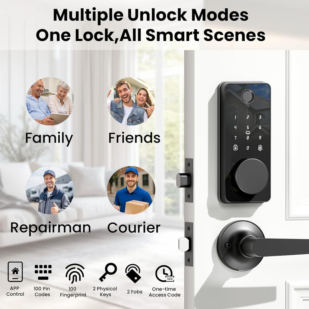 Smart Lock with Handles, Fingerprint Door Lock App Control, Keyless Entry Door Lock Set, Electronic Keypad Deadbolt, Auto & One Touch Lock, Easy Installation, IP54, Digital Smart Code