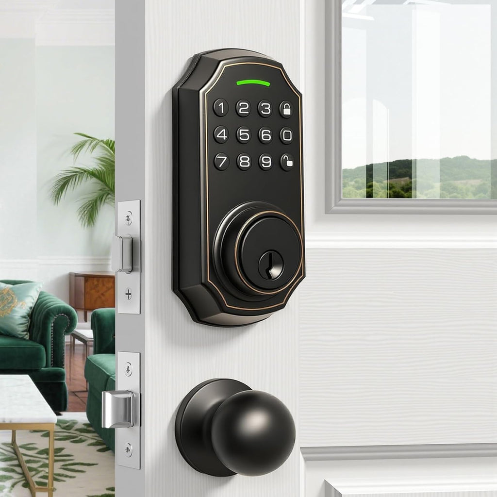 Smart Keyless Entry Door Lock with 2 Knobs,Front Door Lock Handle Set,Electronic Digital Keypad Deadbolt,Auto Lock,50 User Codes,Voice Prompts,Anti-Peeking Password