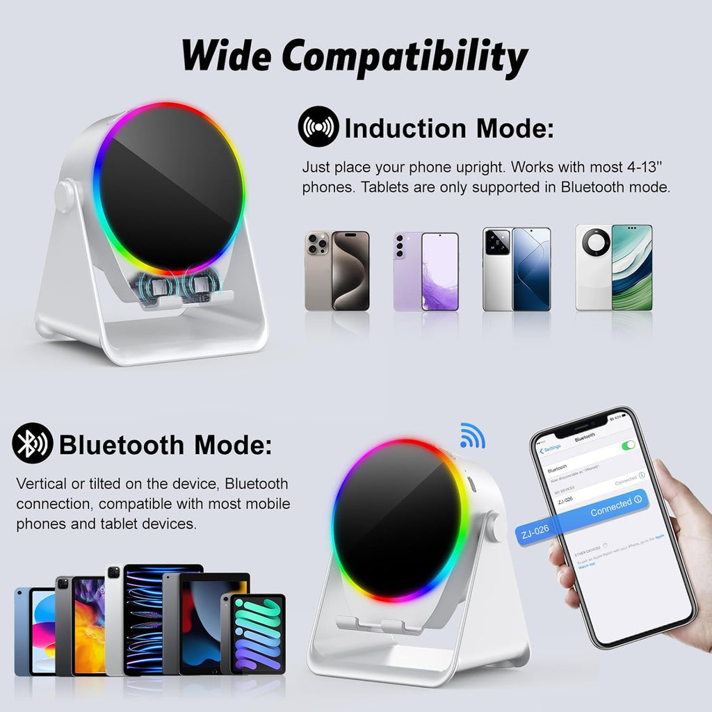 Wireless Induction Speaker, 5 in 1 Bluetooth Speaker Phone Stand with RGB Light, 360° Rotation Phone Holder Compatible