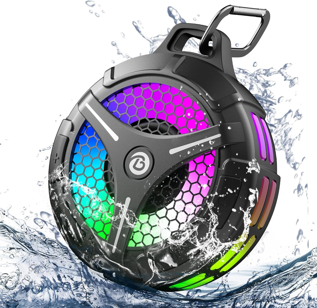 Bluetooth Shower Speaker, Suction Cup, Small Portable Wireless IPX7 Waterproof Outdoor Speakers, 15W Loud Stereo Sound Deep Bass, TWS Pairs, 6 Mode RGB Lights