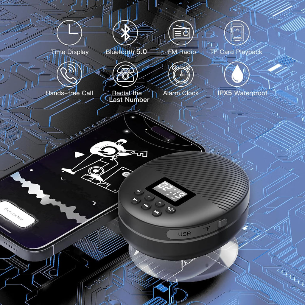 Shower Radio Speaker with Bluetooth 5.0, Waterproof Wireless Bathroom FM with Suction Cup 12H Long Playback Time, Lanyard, LCD Screen Display, Handsfree Calling, Storage Card Playback Black