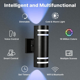 RGB Up and Down Lights Outdoor Wall Lights 2 Packs, Smart Color Changing Outdoor Wall Sconce WiFi Voice & App Control,Aluminum Waterproof Exterior Lights for Porch Compatible with Alexa